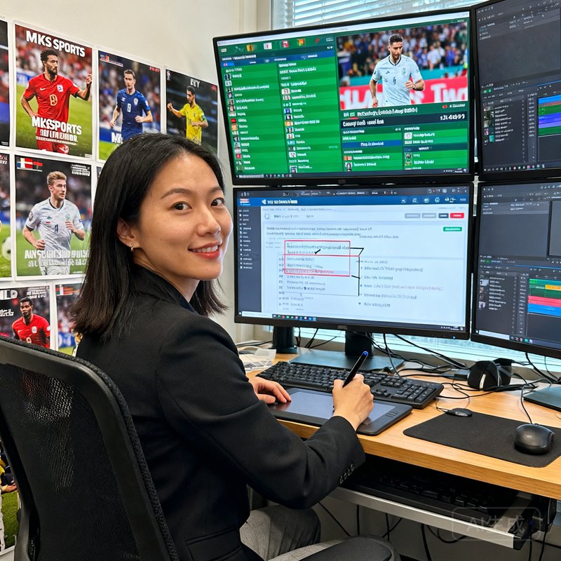 李思颖，MKSports内容总监，30岁女性，坐在多屏幕编辑台前，屏幕上显示着不同语言的赛事资讯界面，手中的触控笔正在标注重点内容，周围贴满了各大赛事海报。